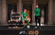 8 February 2023; Kerry FC manager Billy Dennehy and Matt Keane at the launch of the SSE Airtricity League of Ireland 2023 season held at City Hall in Dublin. Photo by Stephen McCarthy/Sportsfile