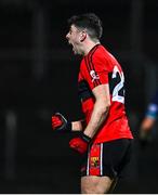 8 February 2023; Dylan Geaney of University College Cork celebrates after scoring his side's first goal during the Electric Ireland HE GAA Sigerson Cup Semi-Final match between TU Dublin and UCC at Netwatch Cullen Park in Carlow. Photo by Ben McShane/Sportsfile