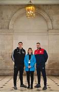 8 February 2023; Lord Mayor of Dublin Caroline Conroy with Bohemians manager Declan Devine and St Patrick's Athletic manager Tim Clancy at the launch of the SSE Airtricity League of Ireland 2023 season held at City Hall in Dublin. Photo by Eóin Noonan/Sportsfile