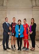 8 February 2023; Lord Mayor of Dublin Caroline Conroy with, from left, League of Ireland director Mark Scanlon, Erica Burke of Bohemians, Pearl Slattery of Shelbourne and SSE Airtricity brand, advertising, and sponsorship lead Ashley Morrow at the launch of the SSE Airtricity League of Ireland 2023 season held at City Hall in Dublin. Photo by Eóin Noonan/Sportsfile