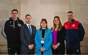 8 February 2023; Lord Mayor of Dublin Caroline Conroy with, from left, Bohemians manager Declan Devine, League of Ireland director Mark Scanlon, SSE Airtricity brand, advertising, and sponsorship lead Ashley Morrow and St Patrick's Athletic manager Tim Clancy at the launch of the SSE Airtricity League of Ireland 2023 season held at City Hall in Dublin. Photo by Eóin Noonan/Sportsfile