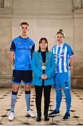 8 February 2023; Lord Mayor of Dublin Caroline Conroy with Jack Keaney of UCD and Jess Gleeson of DLR Waves at the launch of the SSE Airtricity League of Ireland 2023 season held at City Hall in Dublin. Photo by Eóin Noonan/Sportsfile