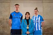 8 February 2023; Lord Mayor of Dublin Caroline Conroy with Jack Keaney of UCD and Jess Gleeson of DLR Waves at the launch of the SSE Airtricity League of Ireland 2023 season held at City Hall in Dublin. Photo by Eóin Noonan/Sportsfile