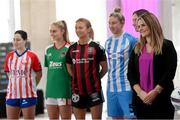 8 February 2023; SSE Airtricity brand, advertising, and sponsorship lead Ashley Morrow, right, with SSE Airtricity Women's Premier Division players, from right, Karen Duggan of Peamount United, Jess Gleeson of DLR Waves, Erica Burke of Bohemians, Zara Foley of Cork City and Esra Kengal of Treaty United at the launch of the SSE Airtricity League of Ireland 2023 season held at City Hall in Dublin. Photo by Seb Daly/Sportsfile