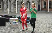 8 February 2023; Emma Hansberry of Sligo Rovers, left, and Zara Foley of Cork City at the launch of the SSE Airtricity League of Ireland 2023 season held at City Hall in Dublin. Photo by Seb Daly/Sportsfile