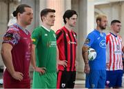 8 February 2023; SSE Airtricity Men's First Division players, from left, Lee Steacy of Cobh Ramblers, Matt Keane of Kerry FC, Sam Verdon of Longford Town, Ryan Flood of Finn Harps and Enda Curran of Treaty United at the launch of the SSE Airtricity League of Ireland 2023 season held at City Hall in Dublin. Photo by Seb Daly/Sportsfile