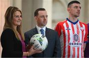 8 February 2023; SSE Airtricity brand, advertising, and sponsorship lead Ashley Morrow and League of Ireland director Mark Scanlon with SSE Airtricity Men's First Division players Enda Curran of Treaty United at the launch of the SSE Airtricity League of Ireland 2023 season held at City Hall in Dublin. Photo by Seb Daly/Sportsfile