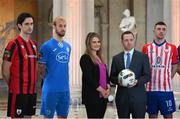 8 February 2023; SSE Airtricity brand, advertising, and sponsorship lead Ashley Morrow and League of Ireland director Mark Scanlon with SSE Airtricity Men's First Division players Sam Verdon of Longford Town, Ryan Flood of Finn Harps and Enda Curran of Treaty United at the launch of the SSE Airtricity League of Ireland 2023 season held at City Hall in Dublin. Photo by Seb Daly/Sportsfile