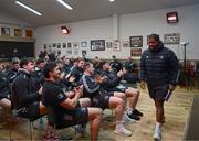 9 February 2023; Temi Lasisi gives a presentation on his home club during a Leinster Rugby gym session at Enniscorthy RFC in Wexford. Photo by Harry Murphy/Sportsfile