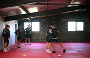 9 February 2023; Backs coach Andrew Goodman with Ben Brownlee during a Leinster Rugby gym session at Enniscorthy RFC in Wexford. Photo by Harry Murphy/Sportsfile