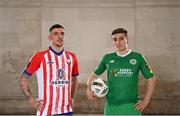 8 February 2023; Enda Curran of Treaty United and Matt Keane of Kerry FC at the launch of the SSE Airtricity League of Ireland 2023 season held at City Hall in Dublin. Photo by Eóin Noonan/Sportsfile