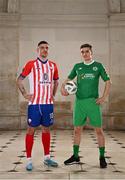 8 February 2023; Enda Curran of Treaty United and Matt Keane of Kerry FC at the launch of the SSE Airtricity League of Ireland 2023 season held at City Hall in Dublin. Photo by Eóin Noonan/Sportsfile