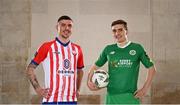 8 February 2023; Enda Curran of Treaty United and Matt Keane of Kerry FC at the launch of the SSE Airtricity League of Ireland 2023 season held at City Hall in Dublin. Photo by Eóin Noonan/Sportsfile