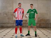 8 February 2023; Enda Curran of Treaty United and Matt Keane of Kerry FC at the launch of the SSE Airtricity League of Ireland 2023 season held at City Hall in Dublin. Photo by Eóin Noonan/Sportsfile