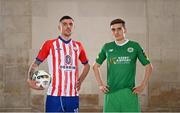 8 February 2023; Enda Curran of Treaty United and Matt Keane of Kerry FC at the launch of the SSE Airtricity League of Ireland 2023 season held at City Hall in Dublin. Photo by Eóin Noonan/Sportsfile