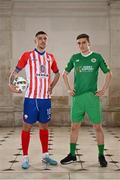 8 February 2023; Enda Curran of Treaty United and Matt Keane of Kerry FC at the launch of the SSE Airtricity League of Ireland 2023 season held at City Hall in Dublin. Photo by Eóin Noonan/Sportsfile