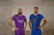 8 February 2023; Ethan Boyle of Wexford FC and Giles Phillips of Waterford FC at the launch of the SSE Airtricity League of Ireland 2023 season held at City Hall in Dublin. Photo by Eóin Noonan/Sportsfile