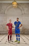 8 February 2023; Conor McCormack of Galway United and Giles Phillips of Waterford FC at the launch of the SSE Airtricity League of Ireland 2023 season held at City Hall in Dublin. Photo by Eóin Noonan/Sportsfile