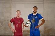 8 February 2023; Conor McCormack of Galway United and Giles Phillips of Waterford FC at the launch of the SSE Airtricity League of Ireland 2023 season held at City Hall in Dublin. Photo by Eóin Noonan/Sportsfile