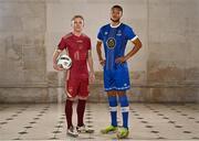 8 February 2023; Conor McCormack of Galway United and Giles Phillips of Waterford FC at the launch of the SSE Airtricity League of Ireland 2023 season held at City Hall in Dublin. Photo by Eóin Noonan/Sportsfile