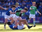 9 February 2023; Zach Mulligan of Gonzaga College is tackled by Conor Cantwell, left, and Eoghan Brady of St Mary’s College during the Bank of Ireland Leinster Rugby Schools Junior Cup First Round match between St Mary’s College and Gonzaga College at Energia Park in Dublin. Photo by Daire Brennan/Sportsfile