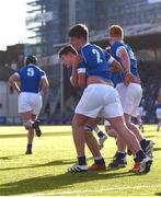 9 February 2023; Will Blake, right, of St Mary’s College celebrates after scoring his side's first try with team-mate Andrew McGauran during the Bank of Ireland Leinster Rugby Schools Junior Cup First Round match between St Mary’s College and Gonzaga College at Energia Park in Dublin. Photo by Daire Brennan/Sportsfile