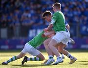 9 February 2023; Christopher Maguire of St Mary’s College is tackled by James Verdon, left, and Josh Mulligan of Gonzaga College during the Bank of Ireland Leinster Rugby Schools Junior Cup First Round match between St Mary’s College and Gonzaga College at Energia Park in Dublin. Photo by Daire Brennan/Sportsfile