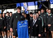 9 February 2023; Brian Deeny presents a jersey to club president Kevin Byrne before a Leinster Rugby open training session at Wexford Wanderers RFC in Wexford. Photo by Harry Murphy/Sportsfile