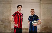 8 February 2023; Sam Verdon of Longford Town and Aaron Connolly of Athlone Town at the launch of the SSE Airtricity League of Ireland 2023 season held at City Hall in Dublin. Photo by Eóin Noonan/Sportsfile