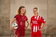 8 February 2023; Therese Kennevey of Galway United and Emma Hansberry of Sligo Rovers at the launch of the SSE Airtricity League of Ireland 2023 season held at City Hall in Dublin. Photo by Eóin Noonan/Sportsfile