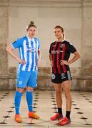 8 February 2023; Jess Gleeson of DLR Waves and Erica Burke of Bohemians at the launch of the SSE Airtricity League of Ireland 2023 season held at City Hall in Dublin. Photo by Eóin Noonan/Sportsfile