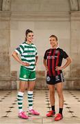 8 February 2023; Maria Reynolds of Shamrock Rovers and Erica Burke of Bohemians at the launch of the SSE Airtricity League of Ireland 2023 season held at City Hall in Dublin. Photo by Eóin Noonan/Sportsfile