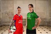 8 February 2023; Pearl Slattery of Shelbourne and Karen Duggan of Peamount United at the launch of the SSE Airtricity League of Ireland 2023 season held at City Hall in Dublin. Photo by Eóin Noonan/Sportsfile