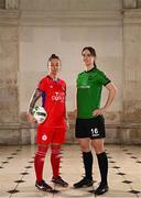 8 February 2023; Pearl Slattery of Shelbourne and Karen Duggan of Peamount United at the launch of the SSE Airtricity League of Ireland 2023 season held at City Hall in Dublin. Photo by Eóin Noonan/Sportsfile