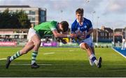 9 February 2023; Daniel Tourish of St Mary’s College is tackled by Zach Mulligan of Gonzaga College during the Bank of Ireland Leinster Rugby Schools Junior Cup First Round match between St Mary’s College and Gonzaga College at Energia Park in Dublin. Photo by Daire Brennan/Sportsfile