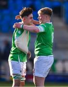 9 February 2023; Bobby McCarthy, left, and Danny Mackey of Gonzaga College celebrate after the Bank of Ireland Leinster Rugby Schools Junior Cup First Round match between St Mary’s College and Gonzaga College at Energia Park in Dublin. Photo by Daire Brennan/Sportsfile