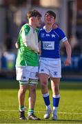 9 February 2023; Bobby McCarthy of Gonzaga College consoles Josh Kelly of St Mary’s College after the Bank of Ireland Leinster Rugby Schools Junior Cup First Round match between St Mary’s College and Gonzaga College at Energia Park in Dublin. Photo by Daire Brennan/Sportsfile