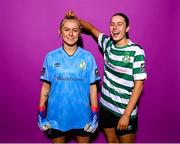 7 February 2023; Aoife Kelly, right, and goalkeeper Summer Lawless pose for a portrait during a Shamrock Rovers squad portrait session at Roadstone Group Sports Club in Dublin. Photo by Stephen McCarthy/Sportsfile