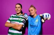 7 February 2023; Aoife Kelly, left, and goalkeeper Summer Lawless pose for a portrait during a Shamrock Rovers squad portrait session at Roadstone Group Sports Club in Dublin. Photo by Stephen McCarthy/Sportsfile