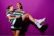 7 February 2023; Abbie Larkin, left, and Aoife Kelly pose for a portrait during a Shamrock Rovers squad portrait session at Roadstone Group Sports Club in Dublin. Photo by Stephen McCarthy/Sportsfile