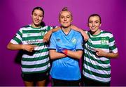 7 February 2023; Players, from left, Aoife Kelly, goalkeeper Summer Lawless and Abbie Larkin pose for a portrait during a Shamrock Rovers squad portrait session at Roadstone Group Sports Club in Dublin. Photo by Stephen McCarthy/Sportsfile