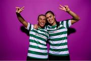 7 February 2023; Savannah McCarthy, left, and Jess Gargan pose for a portrait during a Shamrock Rovers squad portrait session at Roadstone Group Sports Club in Dublin. Photo by Stephen McCarthy/Sportsfile
