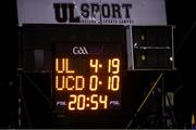 9 February 2023; A view of the final score after the Electric Ireland HE GAA Fitzgibbon Cup Quarter-Final match between University of Limerick and University College Dublin at UL Grounds in Limerick. Photo by Michael P Ryan/Sportsfile