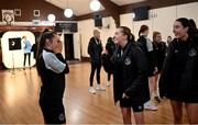 7 February 2023; Abbie Larkin, centre, sings Happy Birthday to Alannah McEvoy during a Shamrock Rovers Women's squad portrait session at Roadstone Group Sports Club in Dublin. Photo by Ramsey Cardy/Sportsfile
