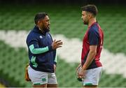 10 February 2023; Bundee Aki, left, and Conor Murray during the Ireland rugby captain's run at the Aviva Stadium in Dublin. Photo by Seb Daly/Sportsfile