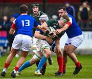 10 February 2023; Sean O'Brien of IURU is tackled by Nathan Hugen of France during the Maxol Irish Universities Rugby Union Student International match between Ireland and France at the Mardyke in Cork. Photo by Eóin Noonan/Sportsfile