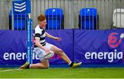 10 February 2023; Rory O'Farrell of Belvedere College scores his side's fifth try during the Bank of Ireland Leinster Rugby Schools Junior Cup First Round match between Wesley College and Belvedere College at Energia Park in Dublin. Photo by Tyler Miller/Sportsfile