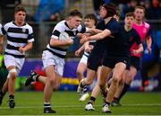 10 February 2023; Ryan Grant of Belvedere College in action against Isaac Reid of Wesley College during the Bank of Ireland Leinster Rugby Schools Junior Cup First Round match between Wesley College and Belvedere College at Energia Park in Dublin. Photo by Tyler Miller/Sportsfile