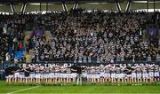 10 February 2023; The Belvedere College squad celebrate with supporters after their side's victory in the Bank of Ireland Leinster Rugby Schools Junior Cup First Round match between Wesley College and Belvedere College at Energia Park in Dublin. Photo by Colm Kelly Morris/Sportsfile