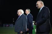 10 February 2023; President of Ireland Michael D Higgins, left, and FAI President Gerry McAnaney before the President's Cup match between Derry City and Shamrock Rovers at the Ryan McBride Brandywell Stadium in Derry. Photo by Stephen McCarthy/Sportsfile